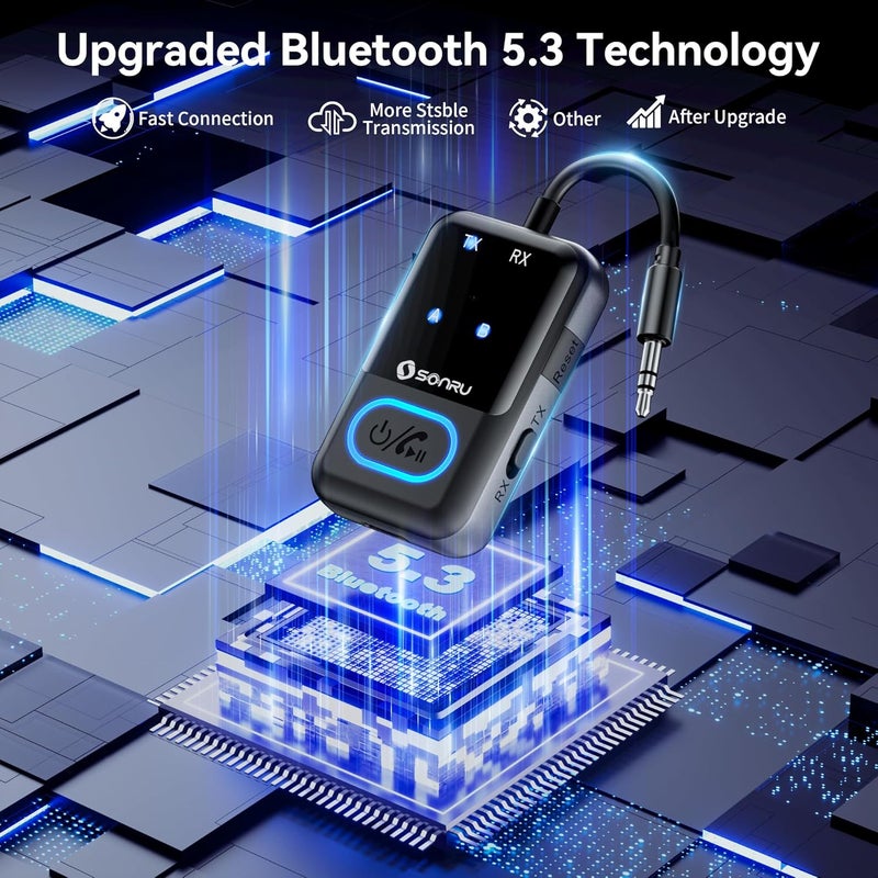 SONRU Bluetooth 5.3 Transmitter Adapter for Airplane 2-in-1 Wireless Bluetooth Audio Transmitter Receiver for 3.5mm Aux Jacks on Flight/TV/Gym Equipment, for up to 2 Wireless Headphones, Cell Phones - Image 3